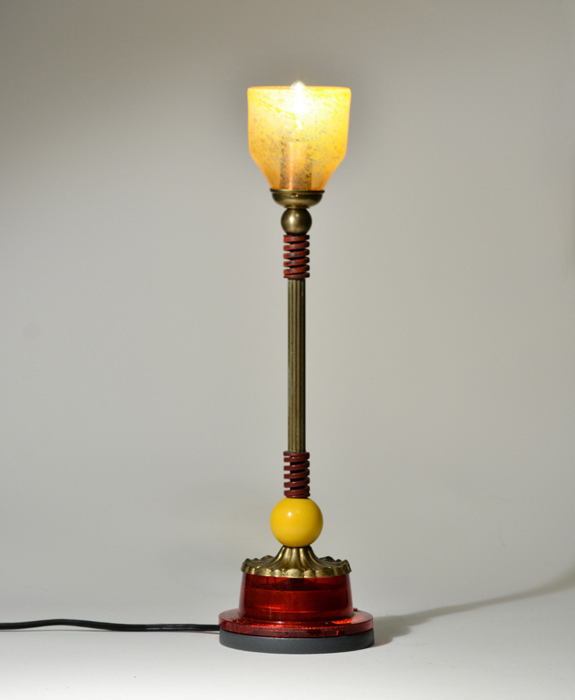 Small sculpture, lamp by Harry Anderson is created from hand blown glass and found objects