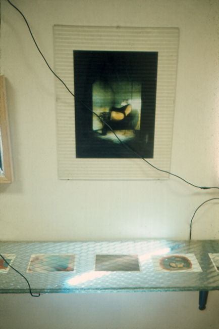 A wall work of Plate glass, color photograph and neon