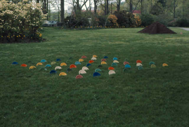 FIESTA IN THE GRASS was created by Harry Anderson in 1975 for an outdoor sculpture exhibition in the azalea garden of the Philadelphia Museum of Art to celebrate the upcoming U. S. bicentennial