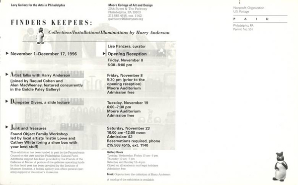 The back of the invitation to Finders Keepers lists lectures and events for the exhibit