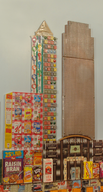 Representing Center City Philadelphia are building releifs made of recycled packaging and childrens toys