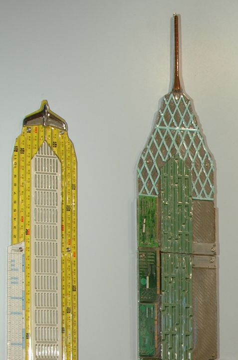 Found object reliefs representing Liberty towers in Center City Philadelphia