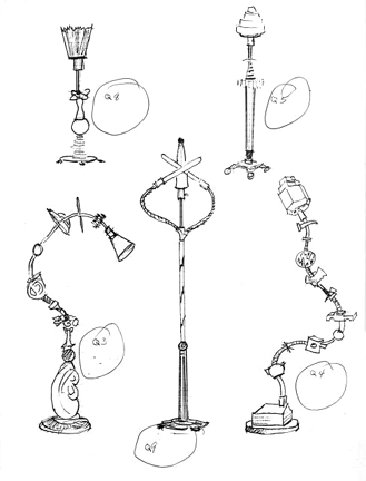 Drawings by artist Harry Anderson of his sculptural lamps included in his 1995 exhibition.  